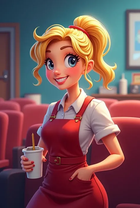 1 girl, blonde hair, Ponytail, smile, Cartoon, movie theater employee, full body, dynamic pose