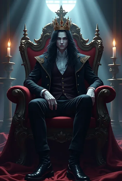  anime character,Vampire King,Crown on head,Sitting on chair