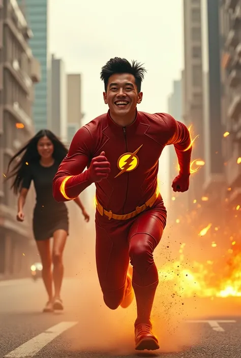 A handsome young man with black hair with a thick quiff style blowing in the wind, The Flash wearing a futuristic reddish orange The Flash shirt, gloves, smiling, shoes, running at the speed of light, behind him a beautiful woman in tight clothes with long...