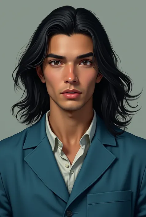 A young adult barzilian Asian man with long black hair and brown eyes. With a blue scientists coat with green details. Do it in a very realistic photo style
