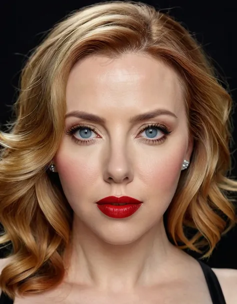 A portrait of a beautiful female whose facial features are a combination of Scarlett Johansson + Julie Delpy + Maitland Ward. The female has lovely makeup on her face. The female wears red lipstick. Symmetrical eyes. Symmetrical face. Lovely details. Photo...