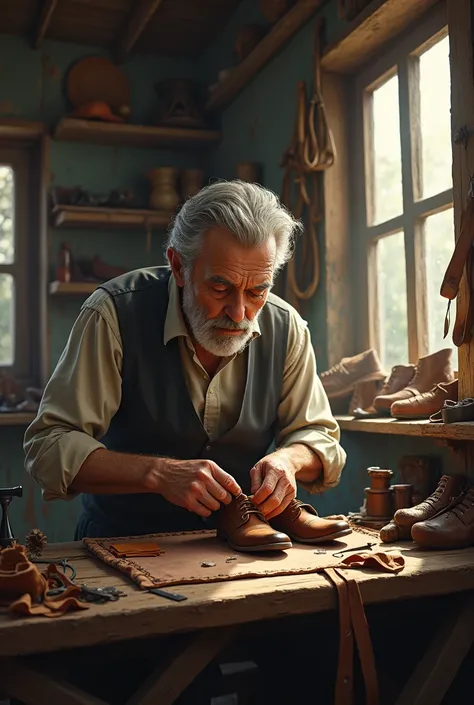 60 year old man shoemaker repairing a shoe