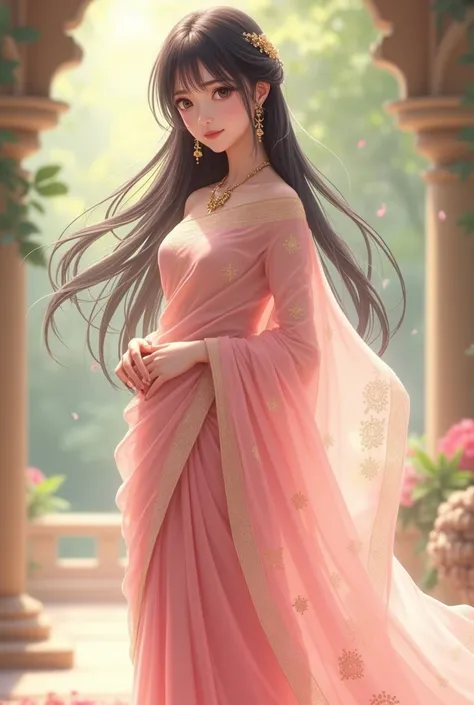 A girl wear light pink sari in anime character

