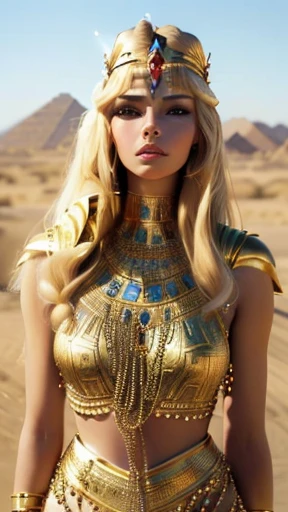 a close up of a woman in a gold outfit in the desert, egyptian, cleopatra, beautiful cleopatra, egyptian princess, pharaoh, pharoah, claudia schiffer, wearing an egyptian crown, beautiful goddess, egyptian makeup, blonde goddess, egyptian style, black emma...