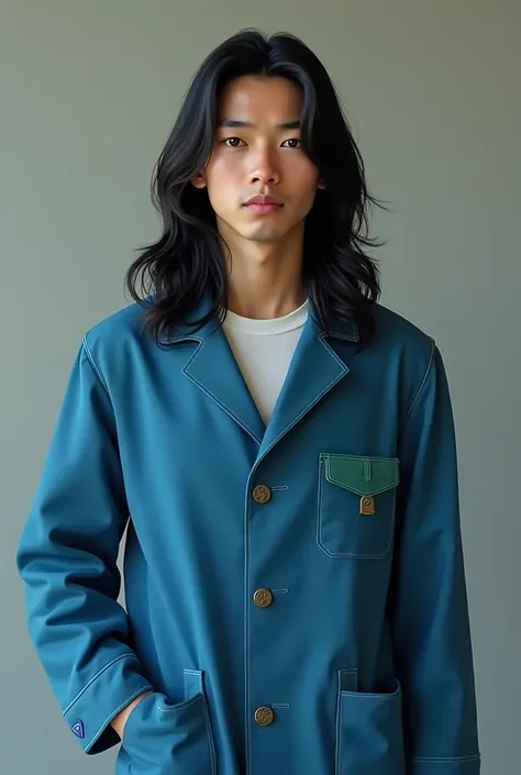 A young adult brazilian japanese man with long black hair and brown eyes. With a blue scientists coat with green details. Do it in a very realistic photo style
