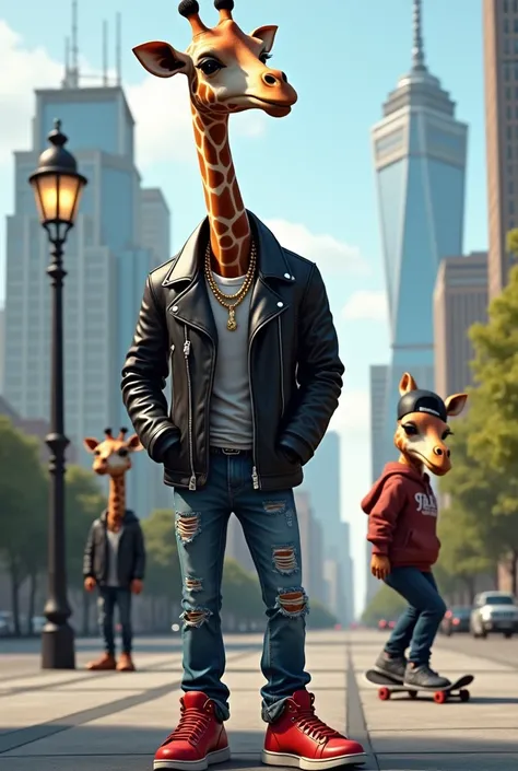 Giraffe:
"A giraffe dressed in a sleek black leather jacket, ripped denim jeans, and red sneakers. The giraffe has a gold chain around its neck and is leaning against a streetlamp on a city sidewalk. On the right side, two other giraffes can be seen—one in...