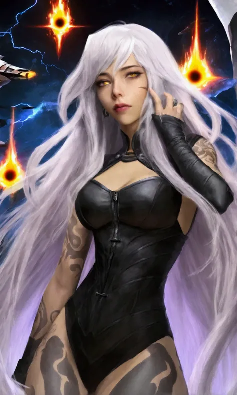 a cute yuna, evil sith master, long white hair, extensive evil violet tattoos, bright citrine eyes, sexy black outfit, lightning dances on her right arm, wild hair, evil expression, damaged interior of a rebel starship, rebel soldiers lie dead and smoking ...