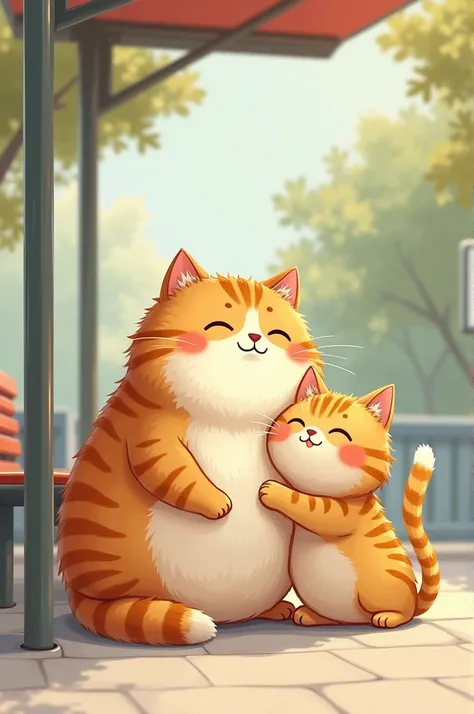 Image create : a chubby cat with his kitten waiting for the bus looking happy