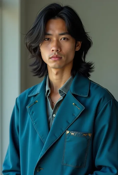 A young adult brazilian japanese man with long black hair and brown eyes. With a blue scientists coat with green details. Do it in a very realistic photo style
