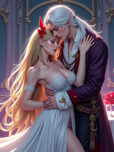 A handsome  man with long white hair,A handsome  man with long white hair, European appearance stands , beautiful man, beautiful skin,beautiful body,Sailor Venus with golden hair passion seduceseros kisses lip a red bow on the back of her head They are lyi...