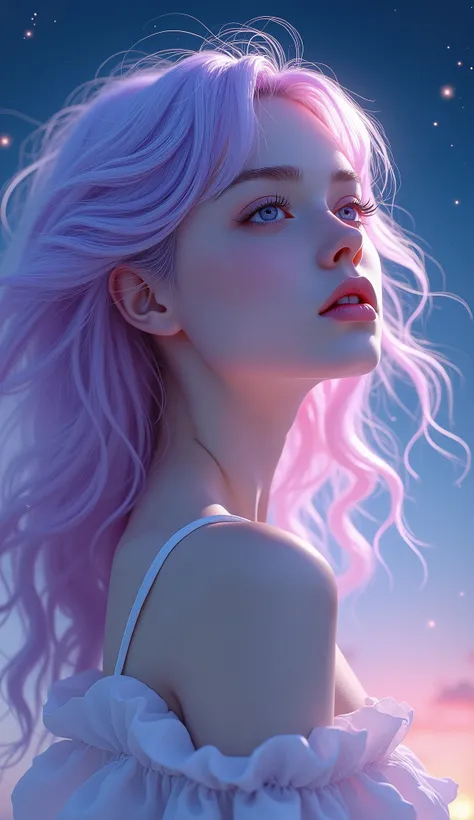 ((masterpiece of the highest quality)),(Negative Space:1.4),(One girl, Alone:1.4),Beautiful fine details,Pastel pink and lavender hair floating, Lavender eyes, At night, Starry Sky, Shining Star