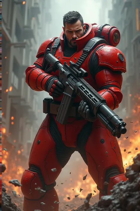 A man standing with a minigun and red colour bombastic suit and enrmy will kill us