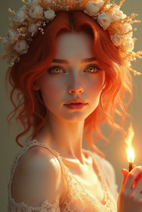 A girl with red hair with golden eyes like gold and with the most perfect and white skin with a look that hypnotizes and with a perfect smile with a beautiful body and with a little hat called chuyo and holding her little flame 