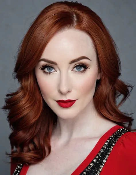 A portrait of a beautiful female whose facial features are a combination of Camryn Grimes + Felicia Day + Kendra James. The female has lovely makeup on her face. The female wears red lipstick. Symmetrical eyes. Symmetrical face. Lovely details. Photorealis...