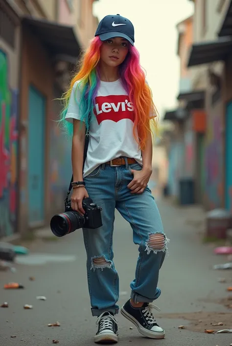 una chica, cabello de arcoiris, con una gorra nike, tshirt, levis, tennis shoes, una calle con grafiti, basura, Nikon, ray tracing, 8k, 16k, masterpiece, anatomically correct, super detail, high details