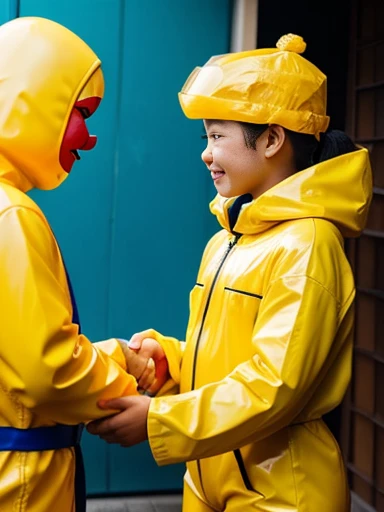 live-action　A girl in a yellow rubber suit　Turns the skin of anyone you shake hands with yellow　There are also several clown-like people.　Japanese