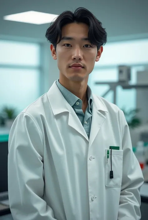 A young adult brazilian japanese man with medium long black hair and brown eyes. With a scientists coat with green details. Do it in photo very realistic
