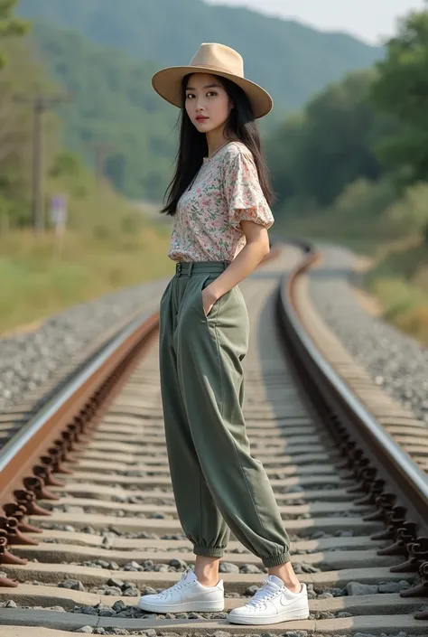 Korean girl wearing a floral dress, Sabrina, wearing high west pants, wearing a flat hat, wearing white Nike shoes, hands in pockets, standing next to a winding railroad track, realistic photo 75k high-quality 