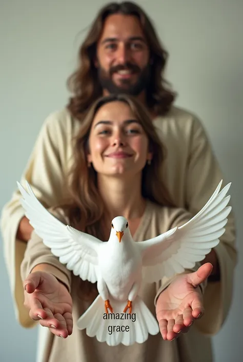 a photograph of a smiling woman extending hands forward and Jesus standing on her back with a small white dove in front  carrying the word "AMAZING GRACE" in her hand