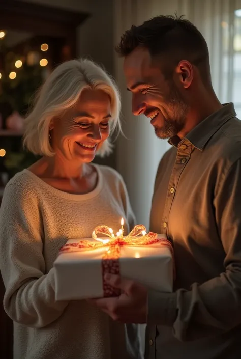 A woman receiving a gift from her husband