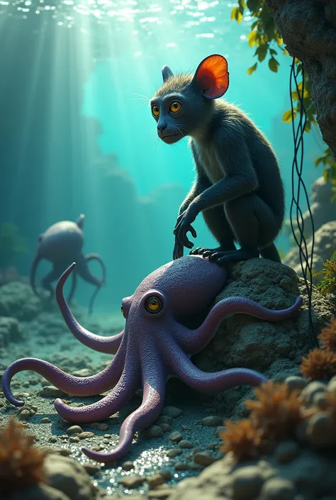 Aye Aye and octopus in one frame real watery  background aye aye on rocks and octopus in water 