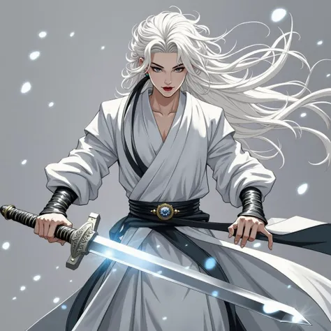 The white clothed swords-woman with white hair as white as snow holds his arms and stands on top of the straight and upright sword, (extremely red-lips)