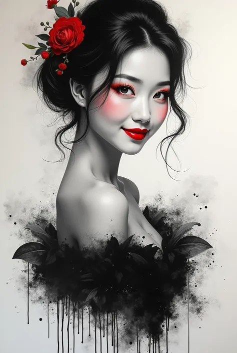 a beautiful young asian woman exuberant, elegant dress, with a beautiful smile, mysterious and powerful look black and white painting with graphite red lips, with small splashes of paint around, rich in details, work of art with good taste, innovative and 