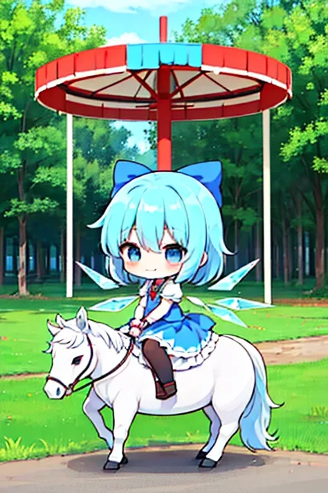 The strongest Cirno, Cirno is eating watermelon, (Chibi, cirno, blue hair, ice wings, 1Chibi princess, stand next to 🐎, smirk, cute, (Chibi　Riding a pure white horse　There is a pure white horse