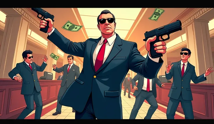 Generate a Image of GTA V in which michael is robbing a Bank . Make the image more cartoon type just like used in GTA 5