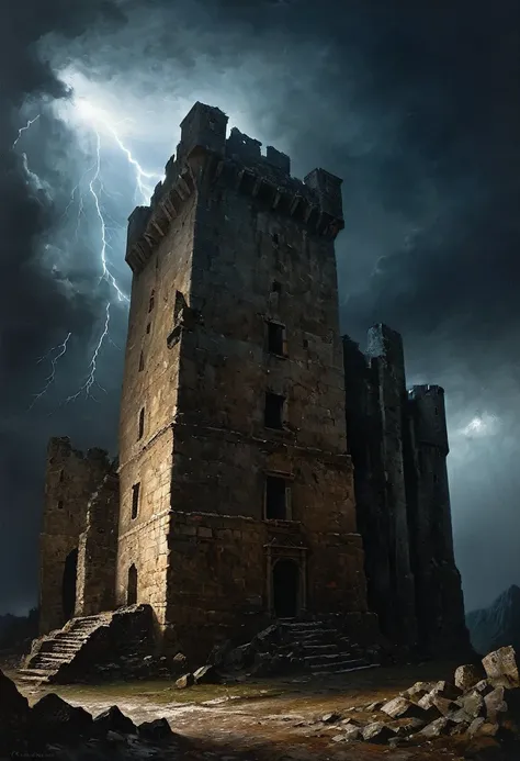 painting of a ruined ancient castle, dark night, lightning struck the building from the stormy gloomy clouds, stones are flying down, the building has dark windows only the light is on in the upper tower, dark atmosphere, cinematic scene, volumetric lights...