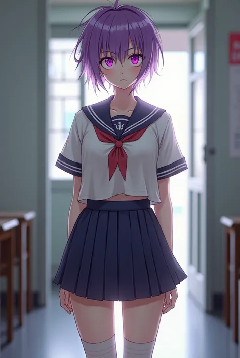 Woman with purple tomboy hair, purple eyes wearing japanese school uniform 