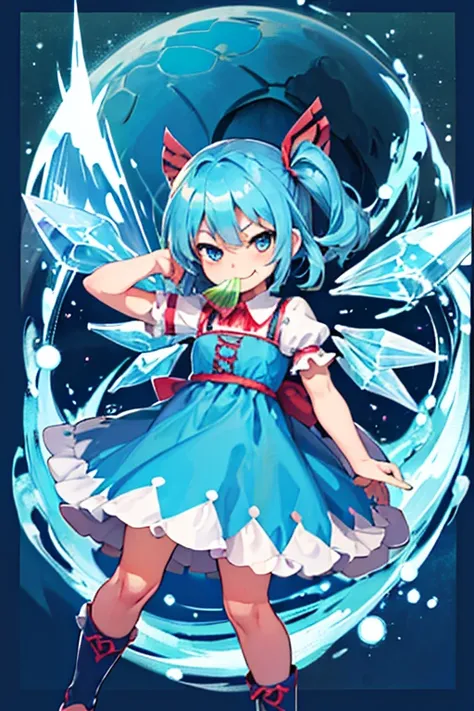 The strongest Cirno, Cirno is eating watermelon, (chibi, cirno, blue hair, ice wings, 1chibi princess, stand next to 🐎, smirk, cute, (chibi　🐴