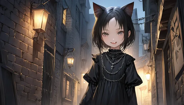 Anime Style。Cute girl child。。forehead。a realistic extremely detailed portrait of a girl with short black hair, cat ears,Being thin,Slender body。 saliva, realistic skin, Wearing a gothic black dress。Chain Accessories。smile。Standing in a medieval alley。night...