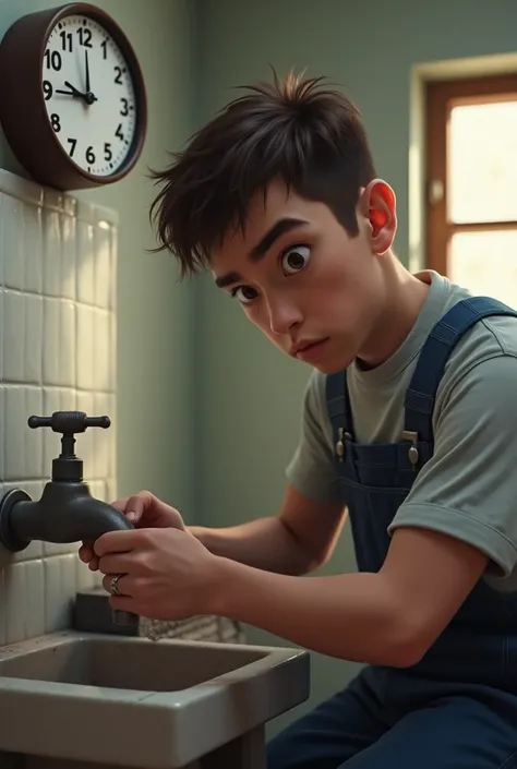 Young Plumber has little facial hair fixing faucet. The time on the wall say 5:00
