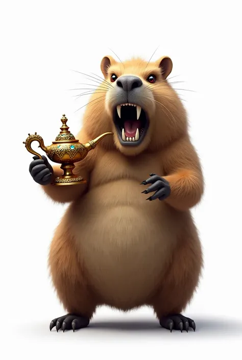 angry capybara standing holding a realistic magic lamp on a white background