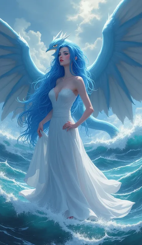 "Majestic, Powerful, 青い髪のElegant女性, Calm expression, And a flowing white dress, The personification of the legendary Lugia, Set on a stormy sea, calm down, Dignified expression, kind, Wise Eye, beautifully、Elegant, Hall々A pose. The background is a stormy s...