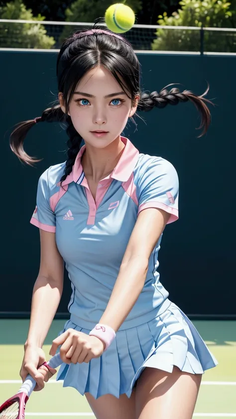 anime style, sports, tennis court, female tennis players, realistic motto, precise, details, best quality, 1 woman with blue eye...