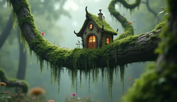 Close-up, zoom; A whimsical scene of a perched on a mossy tree branch with hanging tendrils, and a fairy house. The Dutch angle adds a dramatic effect. The background is a blurred forest view.sky misty,cinematic 3D matte paint, industrial light & magic ren...