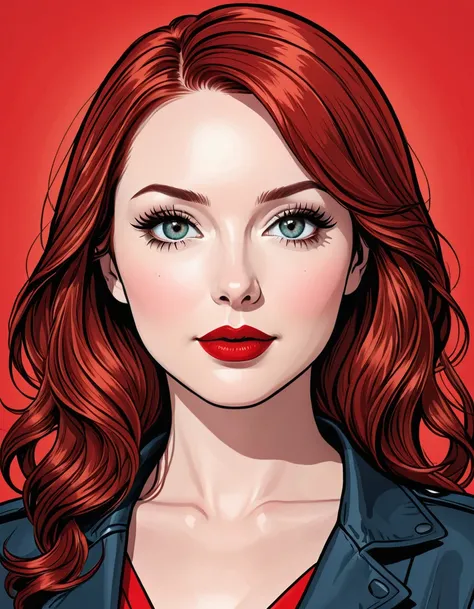 An illustrated comic-book style portrait of a beautiful female whose facial features are a combination of Camryn Grimes + Felicia Day + Melissa Benoist. The female has lovely makeup on her face. The female wears red lipstick. Symmetrical eyes. Symmetrical ...