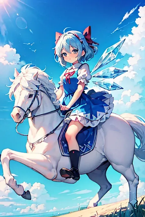 The strongest Cirno, Cirno is eating watermelon, (Chibi, cirno, blue hair, ice wings, 1Chibi princess, stand next to 🐎, smirk, cute, (Chibi　Riding a pure white horse　There is a pure white horse　🐴