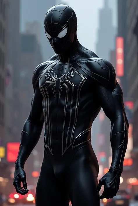 A spider-man in all his black clothing 
