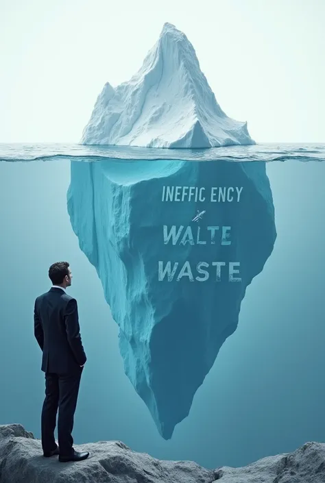 A visual representation of an iceberg, where the submerged part contains words like &#39;inefficiency&#39; and &#39;waste&#39;, while the part above the water shows visible results. A businessman or businesswoman looks at the iceberg, representing hidden o...