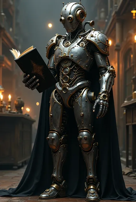 A steampunk-looking robot wizard made of lead holding a black grimoire 