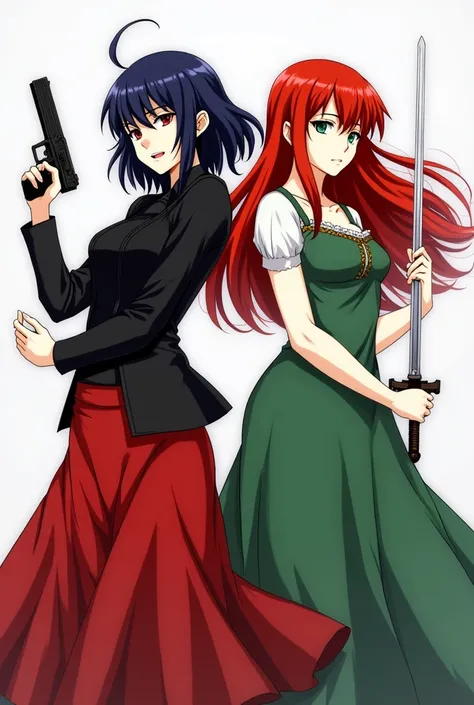 two  girls standing beside each other one holding a gun having dark blue hair and red eyes  wearing a a black top with red skirt which matches her eye colour and  the other holding a sword having red hair and green eyes wearing a historic gown the same col...