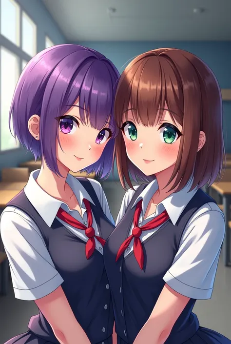 Woman with purple tomboy hair, purple eyes wearing school uniform, along with her girlfriend with light green eyes, brown hair shoulder length