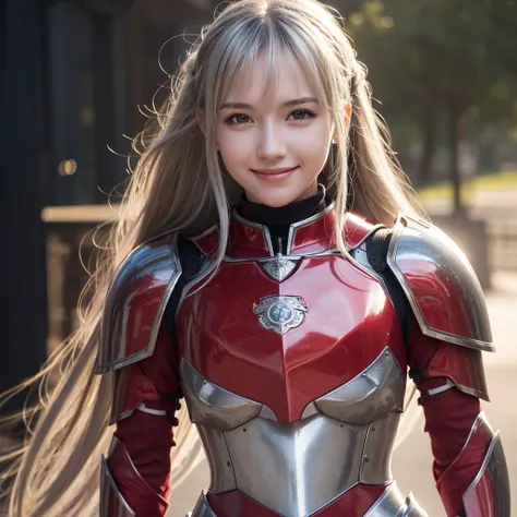 (8k), (Highest resolution: 1.2), (Real), (Photoreal: 1.37), Ultra HD, Standing, Bright red armor, Female knight, 1 girl, Cute, Smile, Closed mouth, Beautiful details, Beautiful nose , Full body, Slender, (8k), (Best quality: 1.2), (Real), Ultra HD, Messy h...