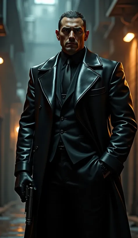 Mafia boss in full leather outfit with a gun