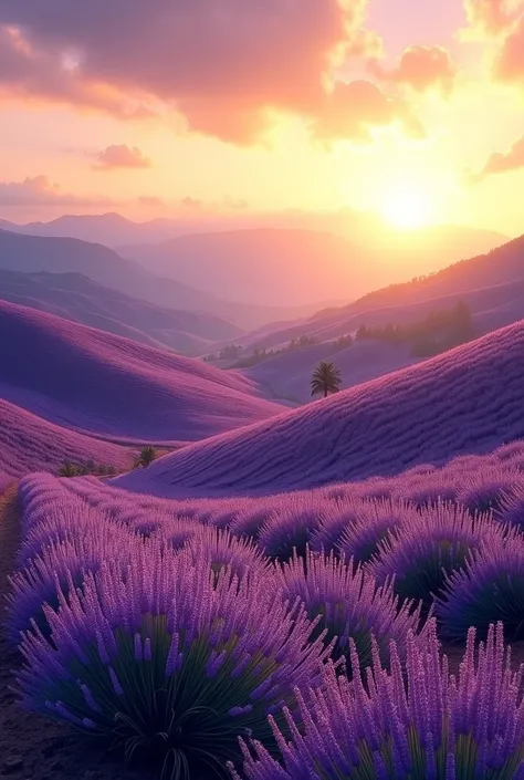 Photo Description:
The photo captures a breathtaking landscape of rolling hills covered in a vibrant sea of purple flowers. The hills are bathed in the warm glow of the setting sun, casting long shadows and creating a dramatic contrast between light and da...