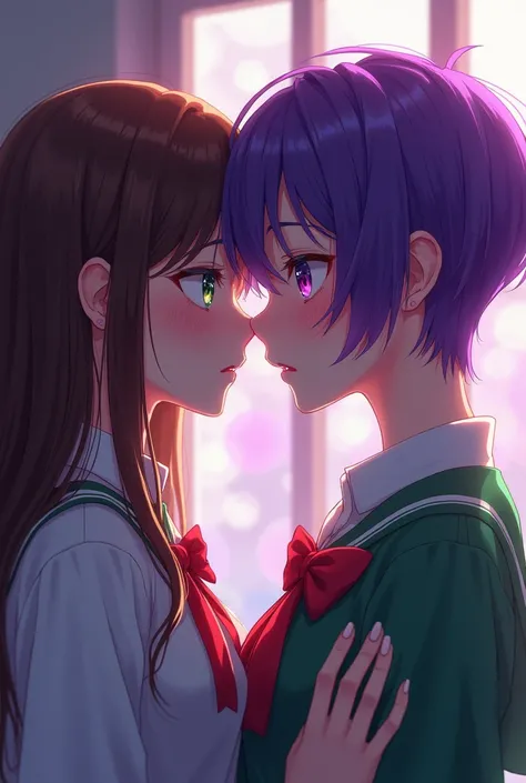 Woman with purple tomboy hair, purple eyes wearing school uniform, along with her girlfriend with light green eyes, long brown hair