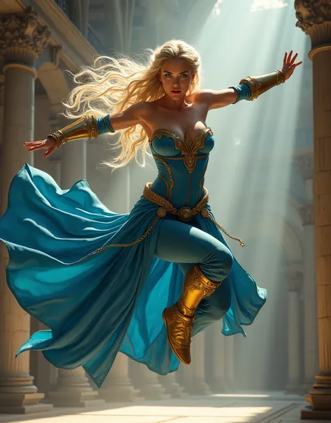 GORGEOUS MEDIEVAL ELVE WARRIOR JUMPING IN HE AIR, FLOATING IN THE AIR, TALL WOMAN BODY, TALL WOMAN, STRONG CURVY BULK ATHLETIC BODY, MUSCLES, DELTOIDS, BICEPS, QUADRICEPS, BLUE LEOTARD MEDIEVAL ARMOUR,LONG BLUE CAPE, GOLD DETAILS, LONG BLUE SPLIT SKIRT, EX...